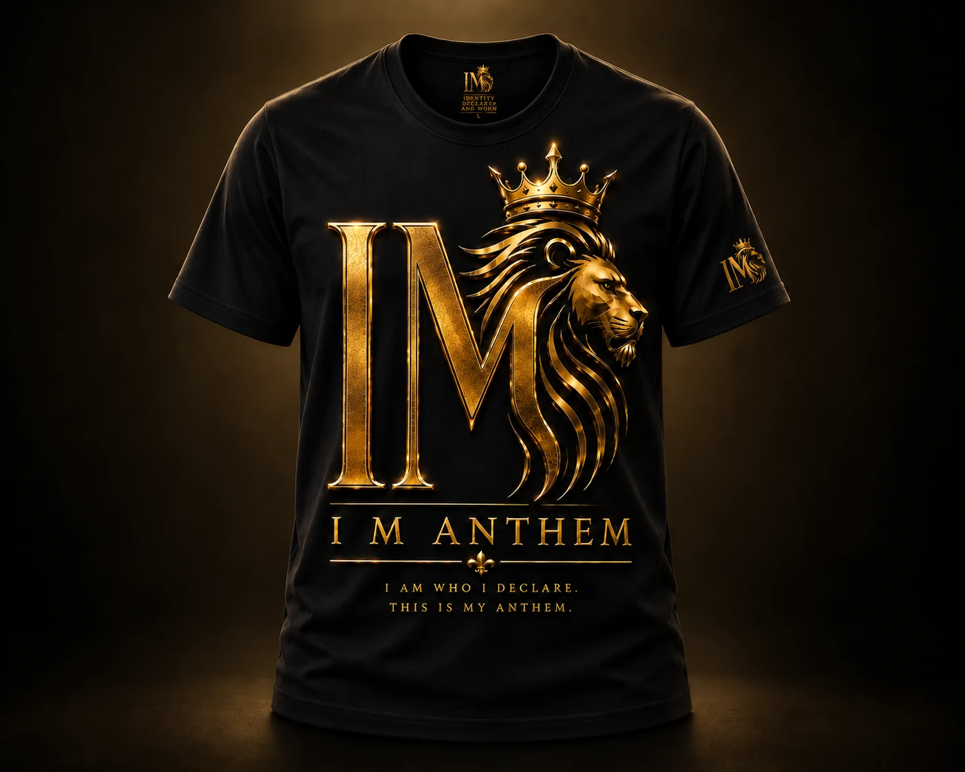 I M Anthem black T-shirt with gold crowned I M lion artwork