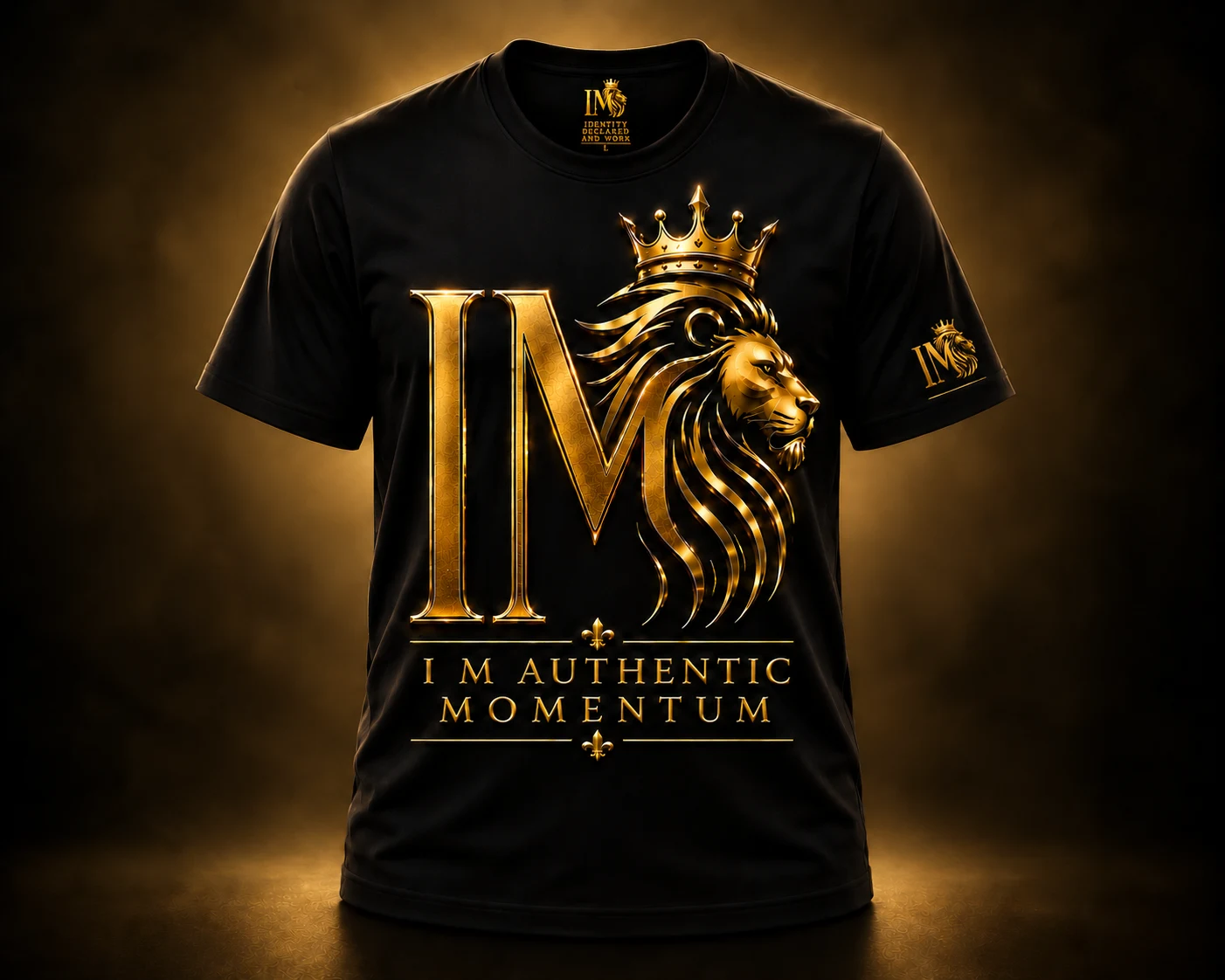 I M Authentic Momentum black T-shirt with gold crowned I M lion artwork