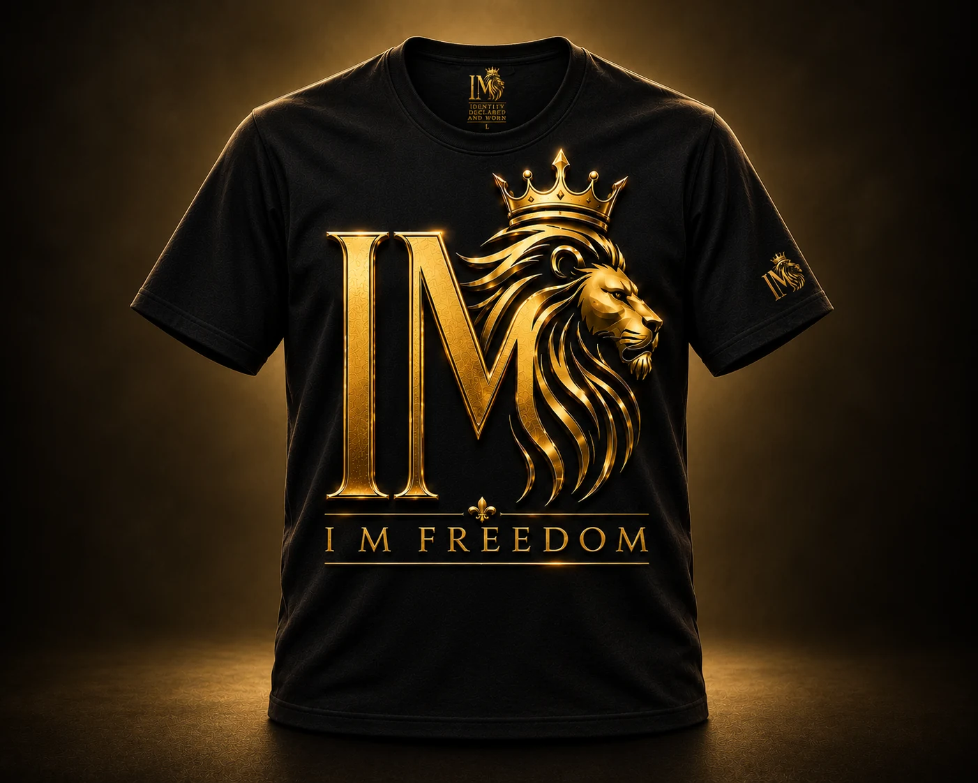I M Freedom black T-shirt with gold crowned I M lion artwork