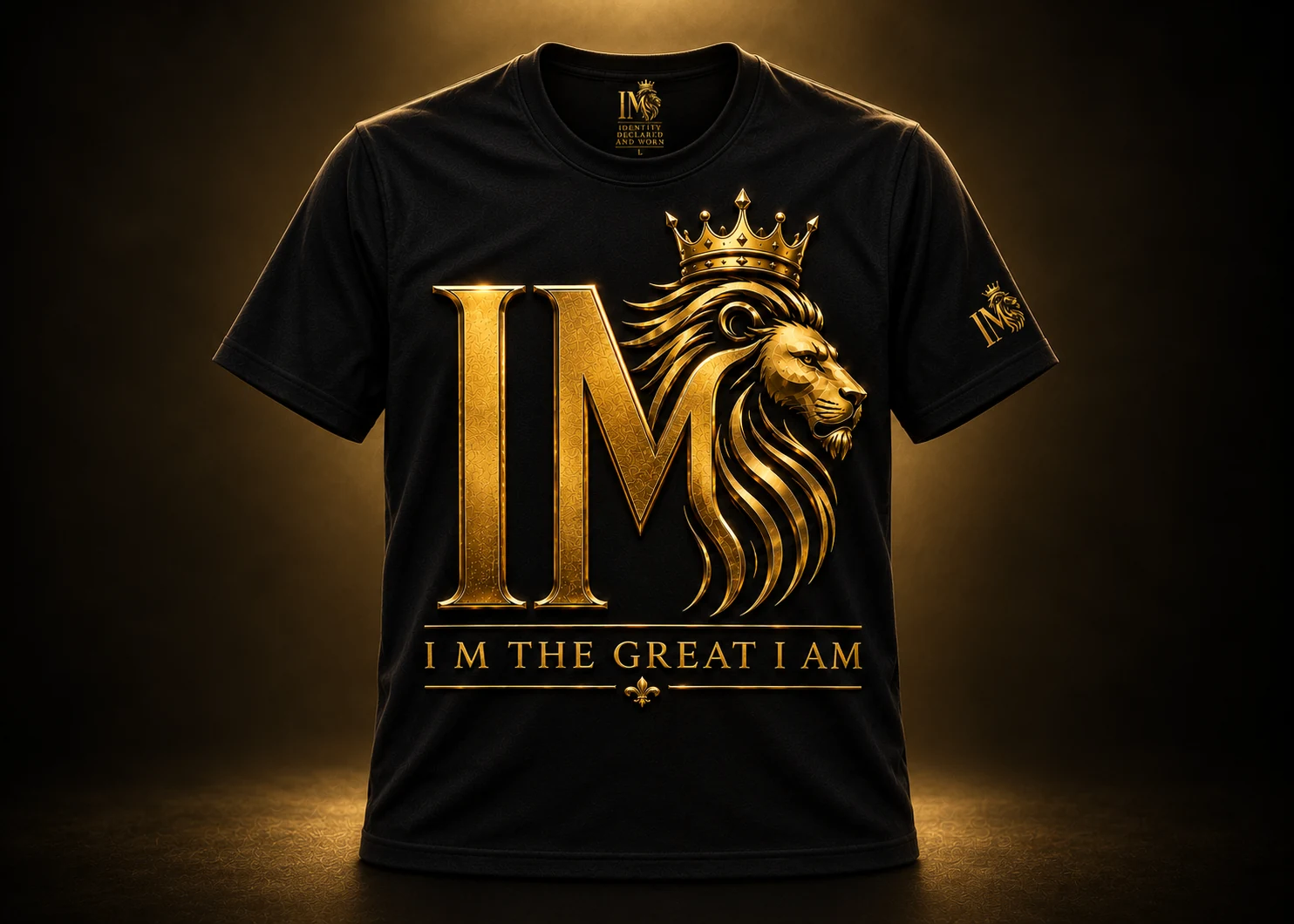 I M The Great I Am black T-shirt with gold crowned I M lion artwork
