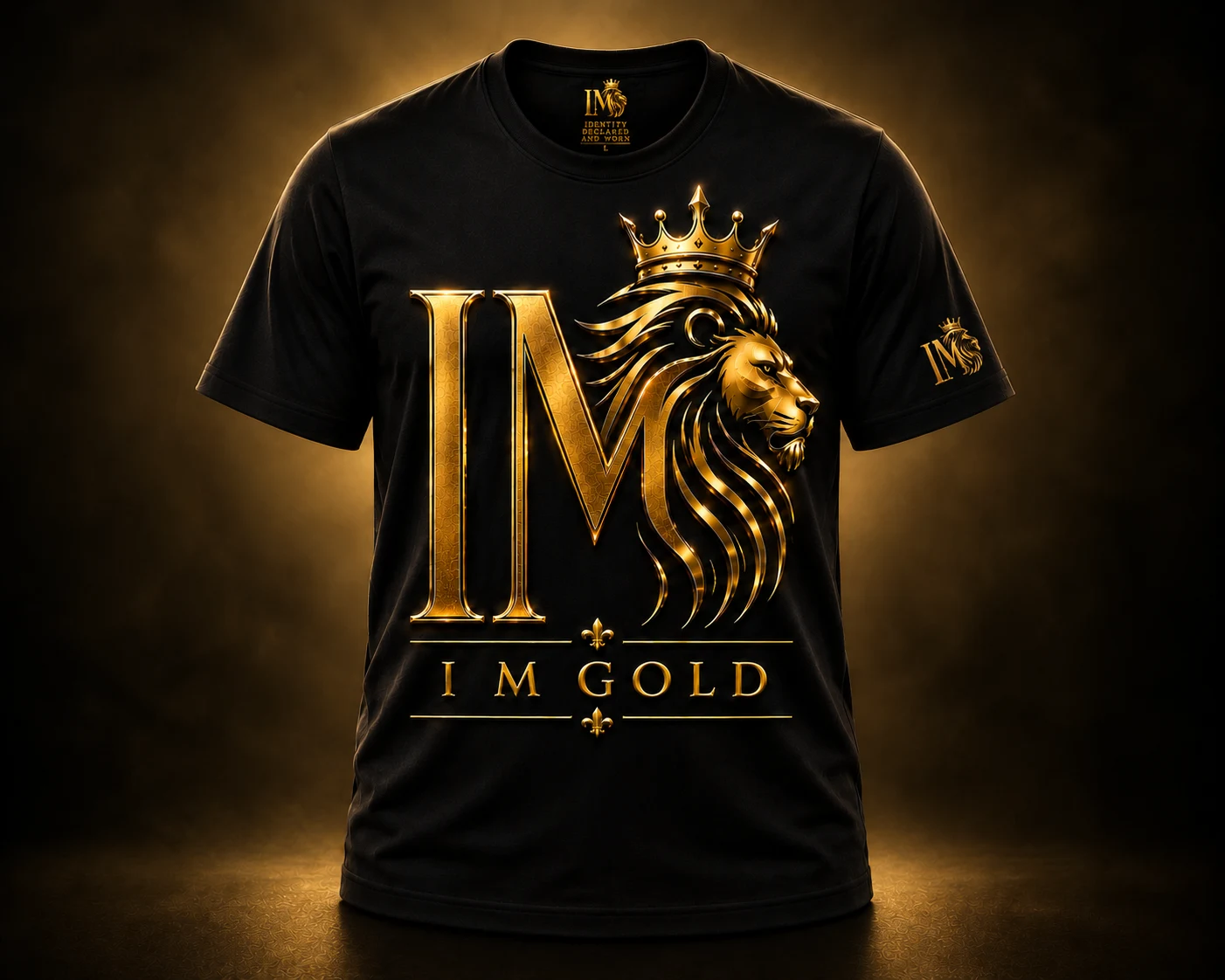 I M Gold black T-shirt with gold crowned I M lion artwork