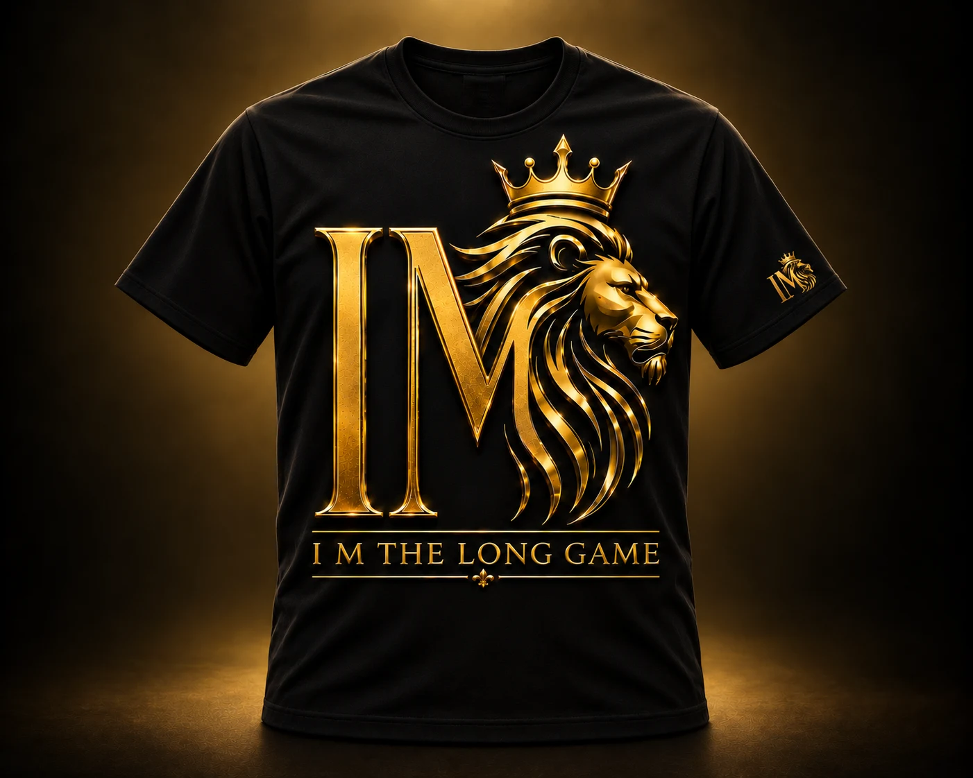 I M The Long Game black T-shirt with gold crowned I M lion artwork