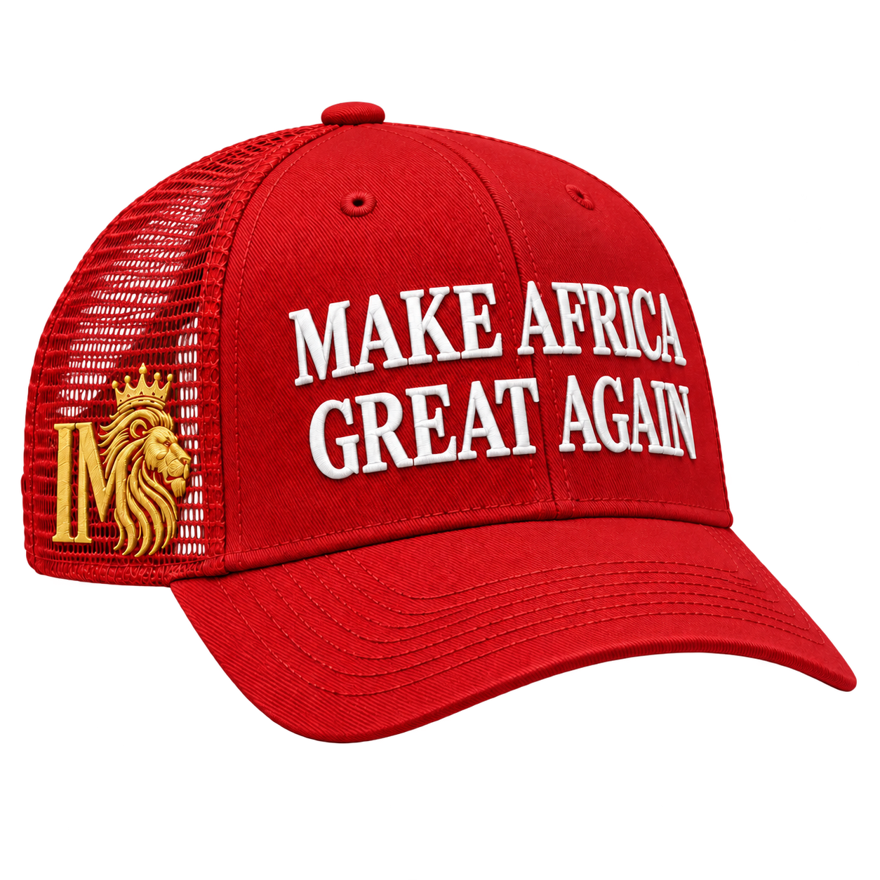 Make Africa Great Again red cap with white front embroidery and gold I M lion side mark