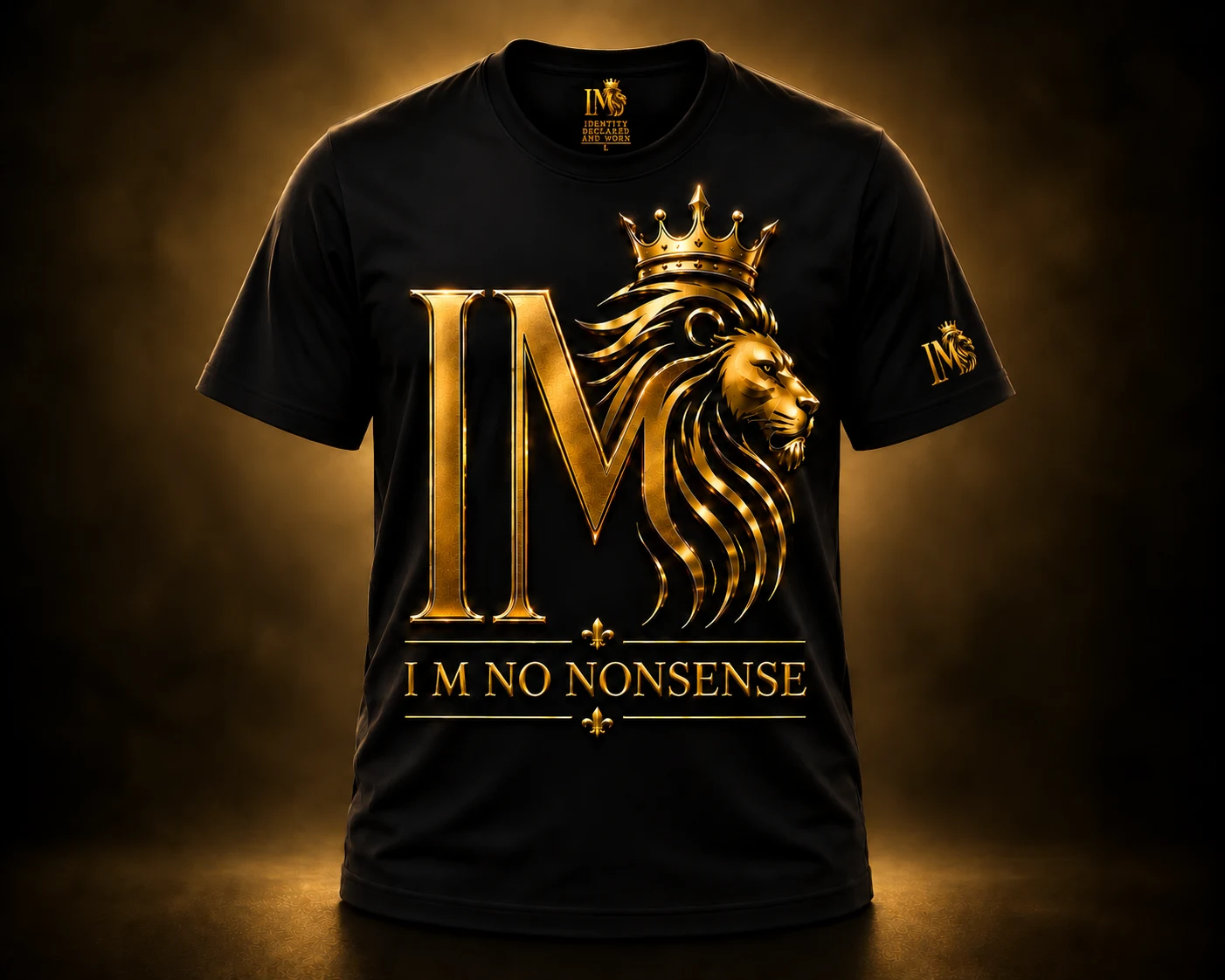 I M No Nonsense black T-shirt with gold crowned I M lion artwork